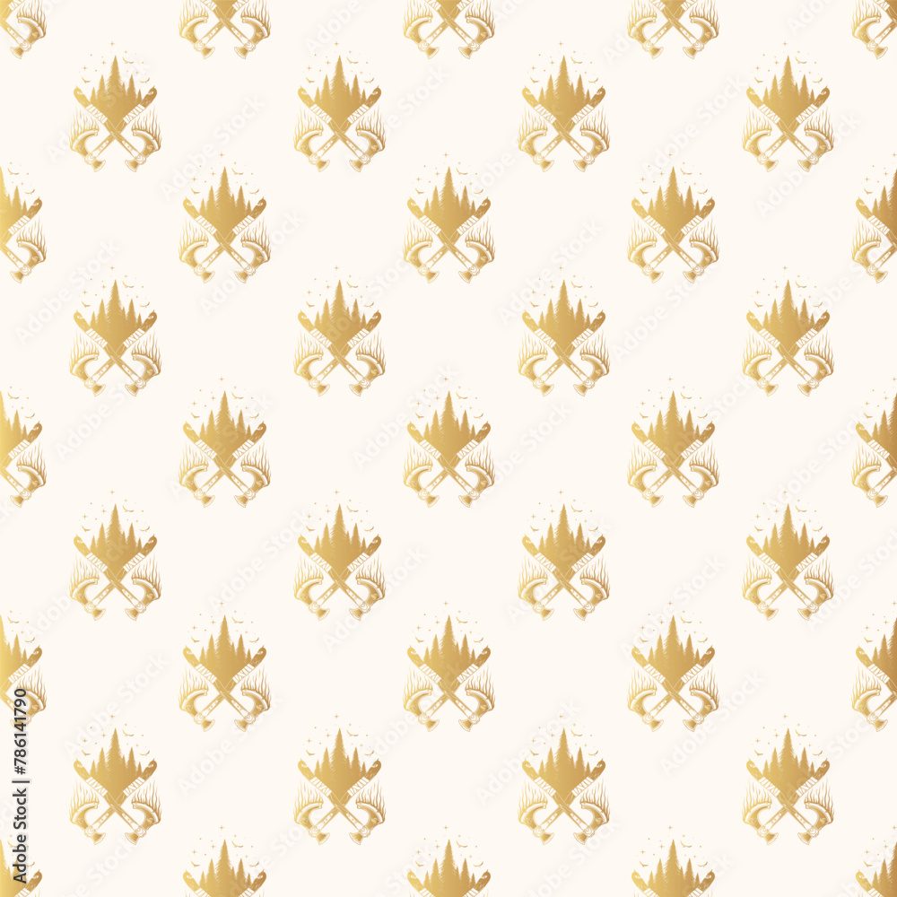 Golden crossed Viking Axes seamless pattern. Scandinavian vector illustration can be used for graphic design, textile design or web design