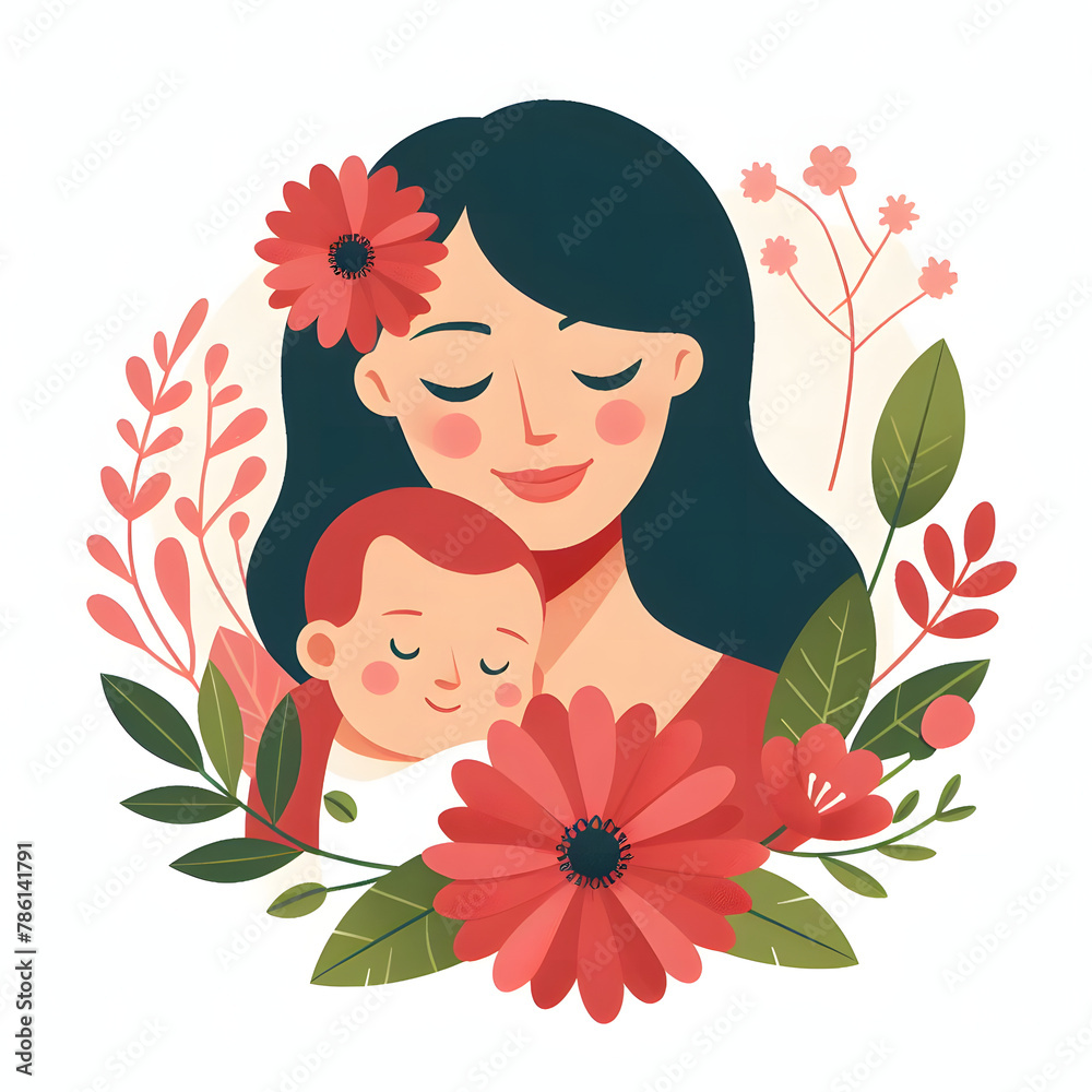 Mom face closeup with baby, flower, and leaves, red color, isolated on a white background, flat vector illustration
Mom face closeup with baby, flower, and leaves, red color, isolated on a white background, flat vector illustration