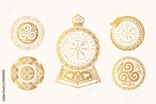 Viking symbols isolated set. Golden hand drawn collection of Scandinavian signs vegvisir, triquetra, Thor’s hammer, triskele, fenrir and celtic ornament. Vector illustration for print, web and t-shirt