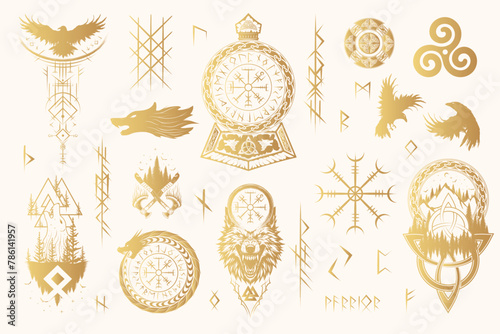 Viking runes and symbols golden collection. Hand drawn isolated set of pagan norse sign vegvisir, fenrir, yggdrasil, valknut, triquetra, triskele, Thor’s  hammer  and ravens. Scandinavian illustration