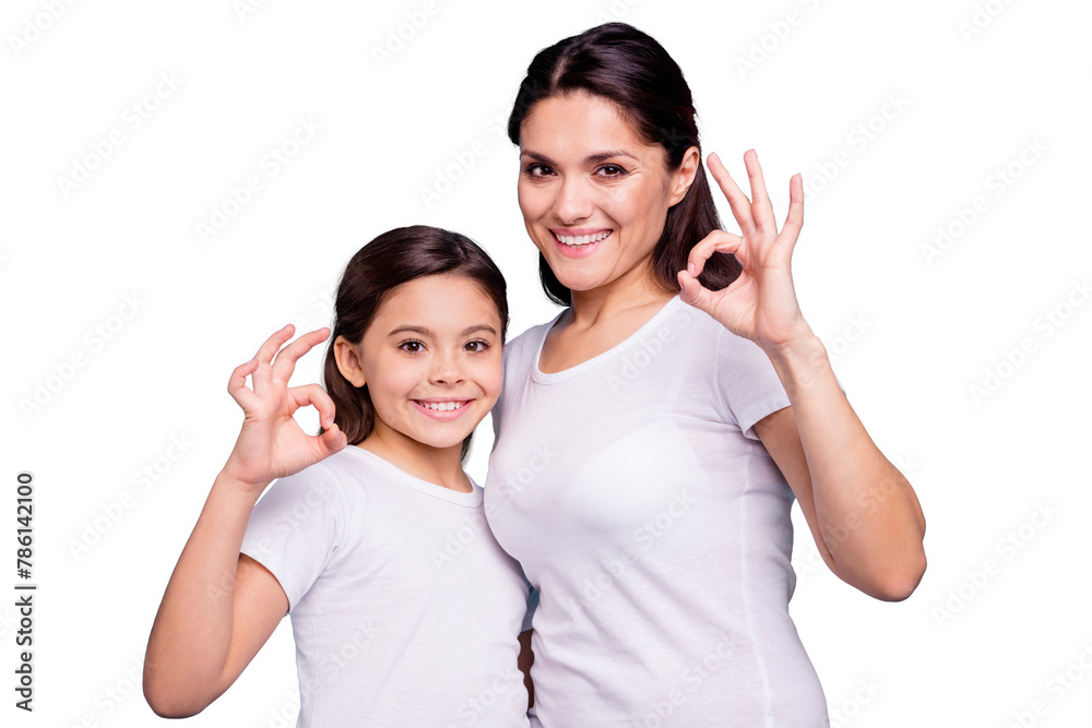 Close up photo beautiful two people brown haired mom little daughter hugging best friends look similar show okey symbol with fingers hands arms wearing white t-shirts isolated bright blue background Close up photo beautiful two people brown haired mom little daughter hugging best friends look similar show okey symbol with fingers hands arms wearing white t-shirts isolated bright blue background