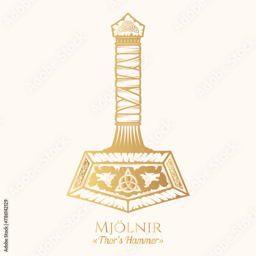 Golden Thor’s hammer with Viking symbols fenrir and triquetra. Scandinavian vector illustration isolated on white background