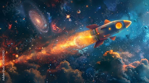 A whimsical space-themed wallpaper adorned with a charming cartoon rocket journeying through an enchanting galaxy of celestial wonders