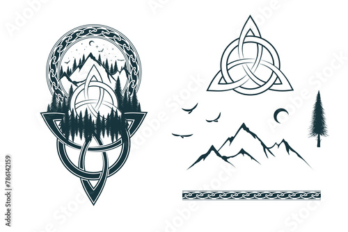 Viking symbol triquetra, mountain and celtic ornament isolated set. Hand drawn vector design elements for print, tattoo and web design