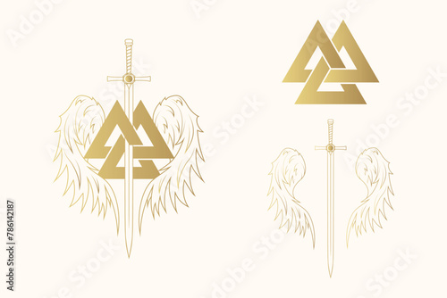 Golden celtic sword with wings and valknut. Image with Valkyrie  symbols. Scandinavian vector illustration for print, stickers and web design.