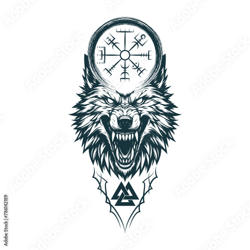 Viking symbols illustration isolated on white background. Scandinavian vector image of the Wolf head, valknut and vegvisir for tattoo and t-shirt design