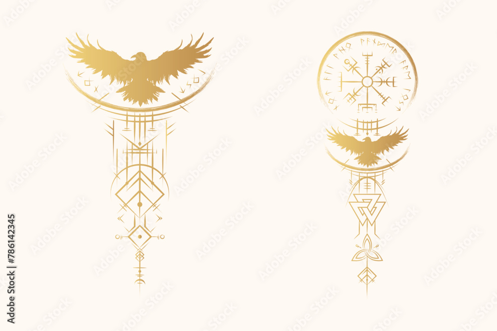 Golden Viking symbols. Two hand drawn design elements with vegvisir, valknut, triquetra and raven isolated on white background. Scandinavian vector illustration. Golden Viking symbols. Two hand drawn design elements with vegvisir, valknut, triquetra and raven isolated on white background. Scandinavian vector illustration.