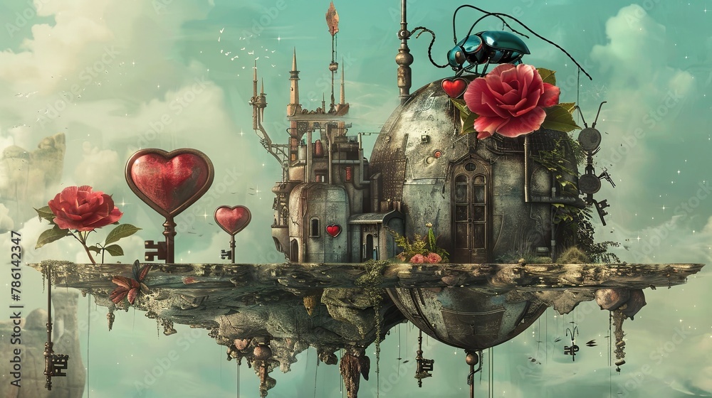 Surreal Heart Castle with Giant Rose