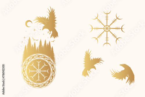 Golden Viking symbols isolated set. Scandinavian celestial vector illustration with ravens, vegvisir  and celtic ornament for print, web and t-shirt design
