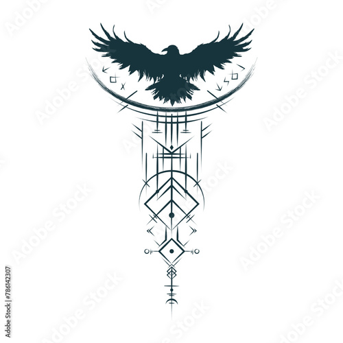 Viking symbols and runes vector illustration for tattoo, print and web design.  Hand drawn  vegvisir and raven isolated on white background. Scandinavian style