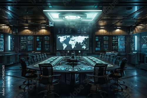 A large control room room with a blue ceiling and a large screen on the wall