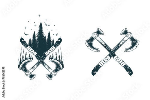 Viking symbols isolated set. Two Scandinavian vector illustrations of crossed axes, raven, stars and trees for print, tattoo, web and t-shirt design
