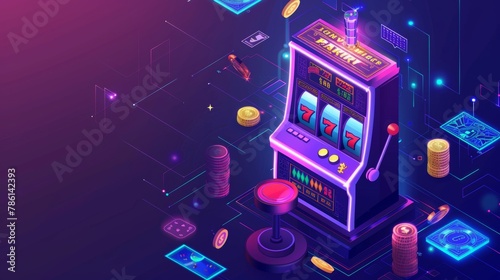 Isometric one-armed bandit landing page. Online casino gambling house with 777 number jackpot. Gaming industry business, fun 3D modern illustration. photo