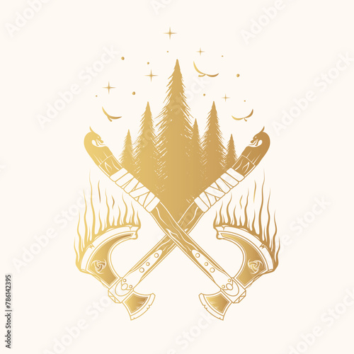 Golden silhouettes  of Viking symbols isolated on white background. Scandinavian celestial  vector illustration of crossed axes, raven, stars and trees for print, web and t-shirt design