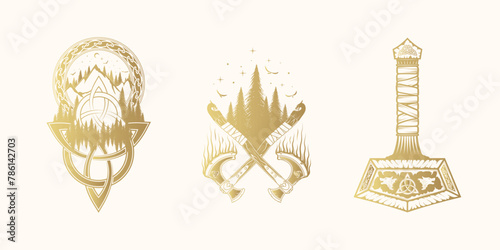 Golden Scandinavian vector illustrations with Viking symbols & runes isolated on white background. Hand drawn set of pagan norse sign Thor's hammer, crossed axes & triquetra for print, web and t-shirt