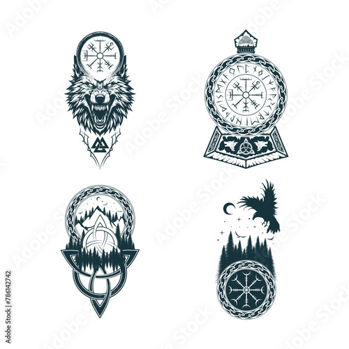 Viking symbols & runes isolated  set. Hand drawn collection of pagan norse sign Thor's hammer, vegvisir, triquetra, valknut, fenrir & ravens for tattoo, print design. Scandinavian vector illustration