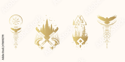 Six Scandinavian vector illustrations with Viking symbols and runes isolated on white background.  Golden hand drawn collection of pagan norse sign vegvisir, crossed axes, valknut, fenrir and ravens