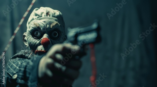 Puppet holding a gun in the hands of a tyrant on a toned background