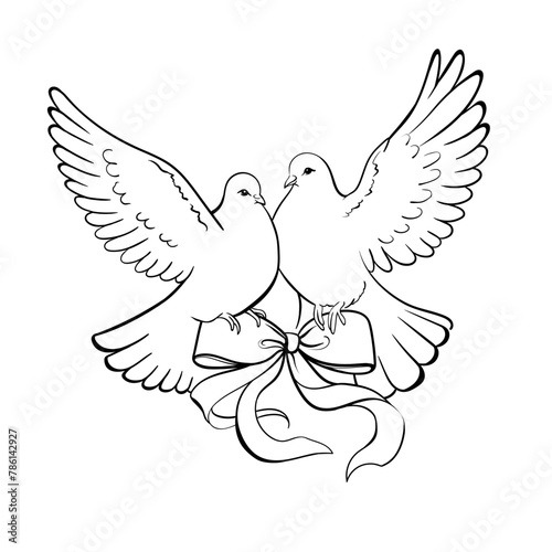 Two doves in flight hold a ribbon bow. Wedding, invitation, monochrome line art