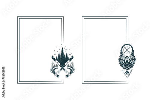 Two rectangular frames with Viking symbols crossed axes and fenrir. Scandinavian vector illustration for cards, invitations and covers photo