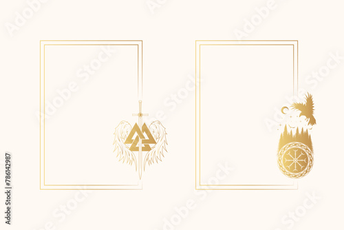 Hand drawn golden rectangular frames with pagan norse valknut and sword, vegvisir and raven. Celestial borders with Viking symbols for cards, covers and invitations. Scandinavian vector illustration