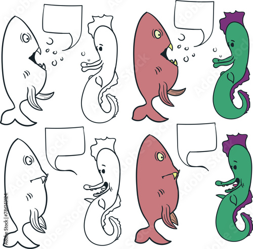 A cartoon fish and a seahorse are communicating about something. © rasengan
