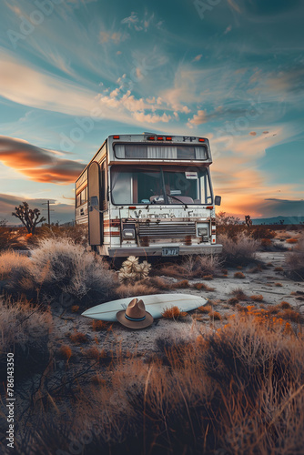 Adventurous Surfing Cowboy's Comedic Deserted RV Trip at Sunset