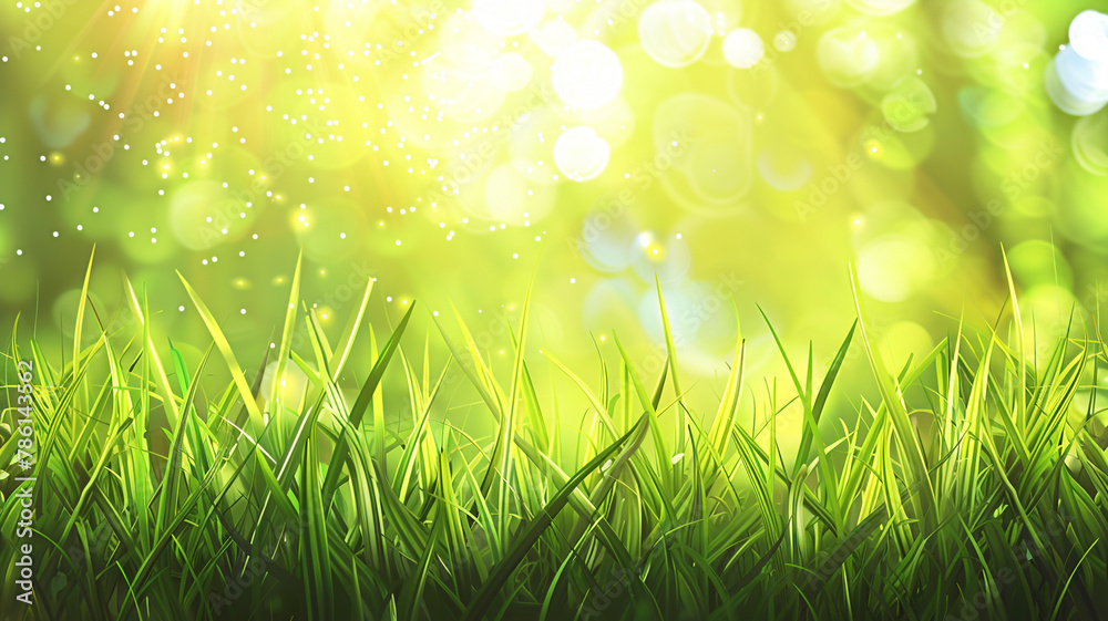 Spring background with green grass and sun light bokeh, copy space for text