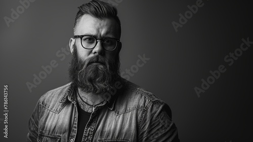 An image of a bearded man wearing a denim shirt and glasses on a toned background. The text is outlined in black and white.