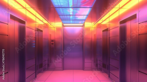 Interior view of realistic elevator cabin with chrome metal walls and illumination. Indoor speedy transportation for office, hotel or residence, 3D modern illustration. photo