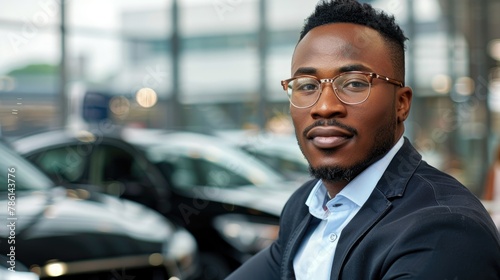 Attractive African American Salesman Poses at Car Showroom