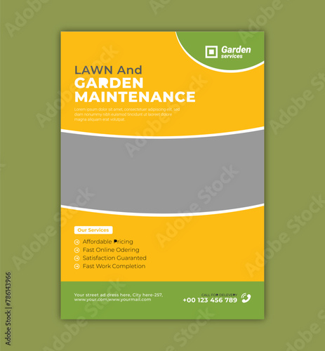 Lawn Mower Garden or Landscaping Service Flyer Template. Business Flyer poster pamphlet brochure cover design layout background, A4 size leaflet, grass, equipment, gardener