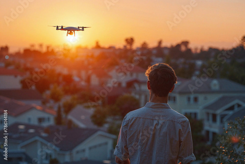 Drone Pilot Operating Quadcopter at Sunset Over Suburban Area