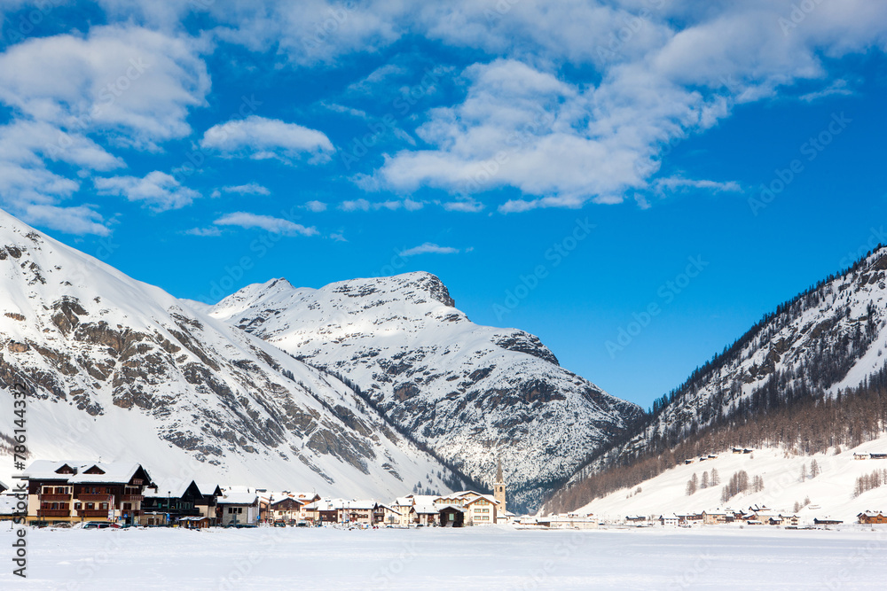 Beautiful winter landscape of the Dolomites mountains in northeastern Italy and Livigno alpine town