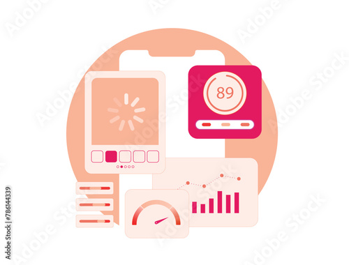 Website performance optimization icon. Web page speed tools for improved SEO metrics. Web browser with speedometer indicator shows improving website performance, user experience score and SEO ranking