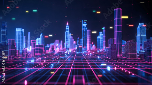 A neon wireframe cityscape at night with a dynamic digital atmosphere.