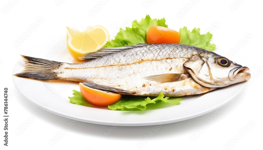 Fried fish on white dish, isolated on white background