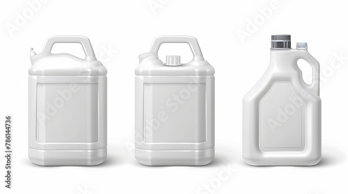Containers, canisters and white jerrycans isolated on white background. Blank containers for motor oil, car oil and gasoline additives. Detergent product design element, realistic modern mock-up.