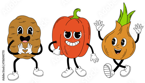 Groovy vegetables set. Hand draw Funny Retro vintage trendy style vegetables cartoon character. Potatoes, peppers, onions. Vector doodle comic collection © PawLoveArt