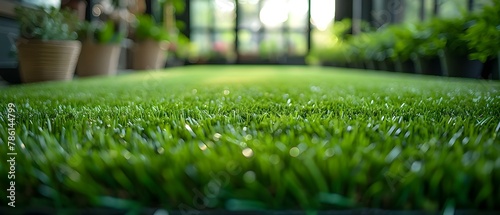 Green Bliss: Serene Synthetic Grass Close-up with Space for Your Vision. Concept Garden Landscaping, Synthetic Grass, Outdoor Decor, Sustainable Design, Green Environment photo