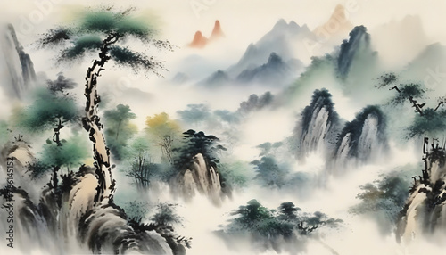 A tranquil Chinese landscape. Abstract art.
