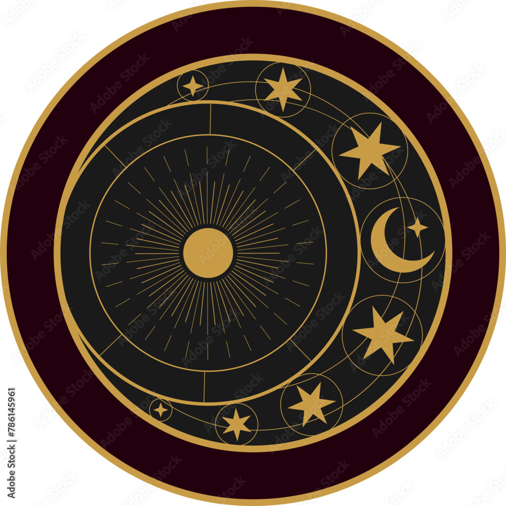Mystical sticker with golden sun, magical crescents and stars. Sketch tattoo in boho style on a black background. Label with moons and occult symbols Mystical sticker with golden sun, magical crescents and stars. Sketch tattoo in boho style on a black background. Label with moons and occult symbols