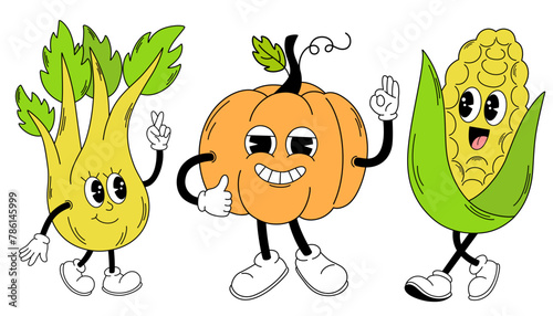 Groovy vegetables set. Hand draw Funny Retro vintage trendy style vegetables cartoon character. Celery, corn, pumpkin. Vector doodle comic collection © PawLoveArt