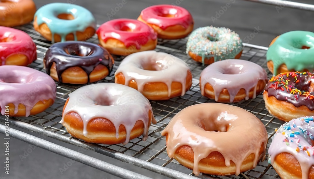 Variety of colorful old fashioned fried gourmet donuts with glaze on a cooling rack