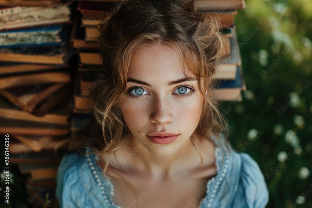 Fototapeta premium Woman in Blue Dress With Stack of Books