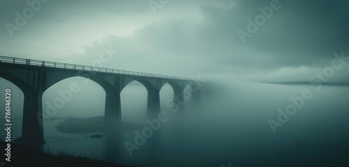 A bridge shrouded in mist, its pillars disappearing into the clouds, hinting at mysteries beyond.