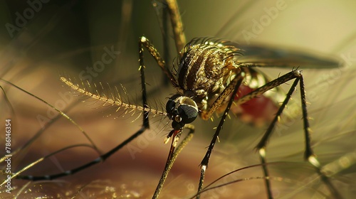 Macro shot of a dangerous Zika-infected mosquito biting human skin, illustrating the risk of transmitting diseases like Malaria, Dengue, and Yellow Fever © Saran