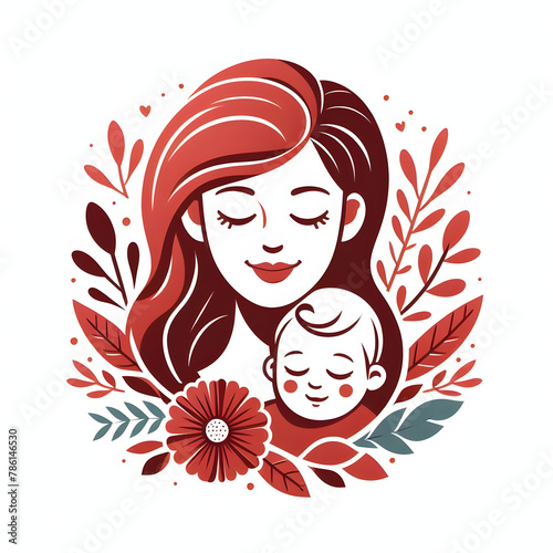 Mom face closeup with baby  flower  and leaves  red color  isolated on a white background  flat vector illustration 