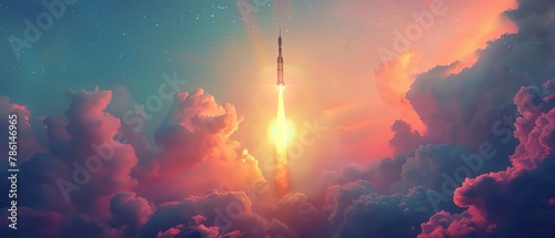 A rocket ship launching into space with a beautiful colorful nebula in the background.