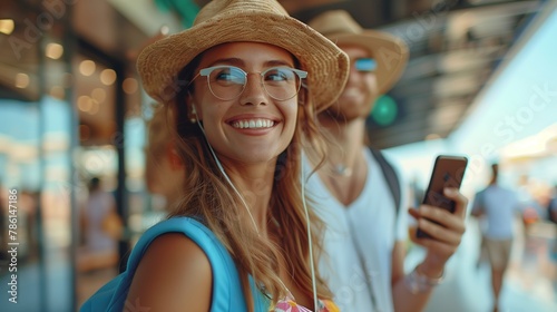 Happy couple of travelers holding a phone and standing at the station, waiting for the train